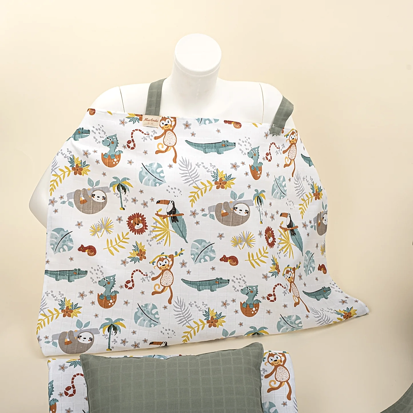 18 Parça Full Set - Çift Taraflı - Haki Muslin - Hayvanat Bahçesi