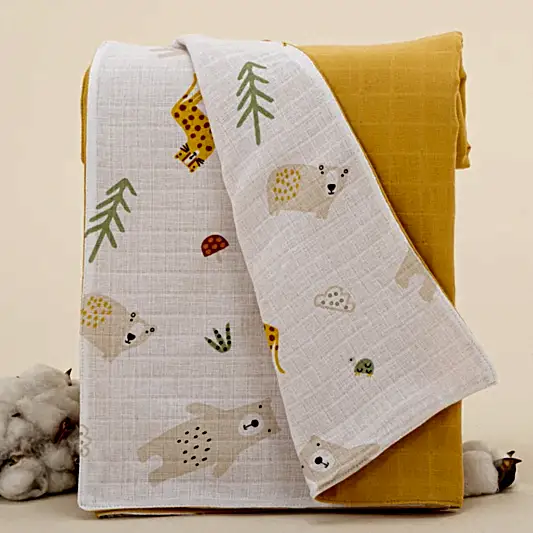 Çift Taraflı Muslin Örtü - Hardal Muslin - Aslan