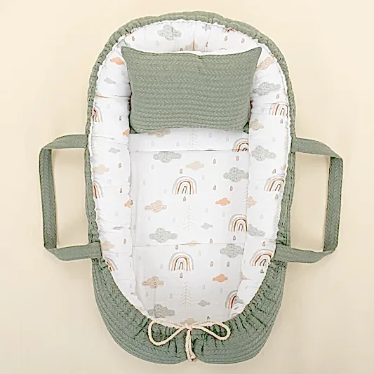 Babynest ve Yastık - Çift Taraflı - Koyu Yeşil Örgü - Yeşil Gökkuşağı