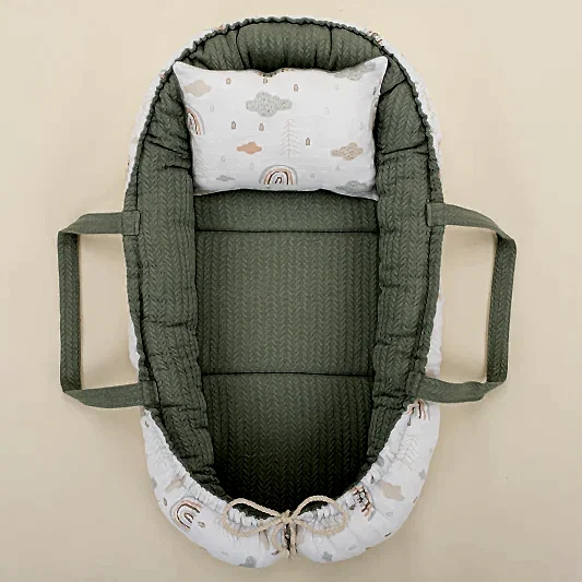 Babynest ve Yastık - Çift Taraflı - Koyu Yeşil Örgü - Yeşil Gökkuşağı