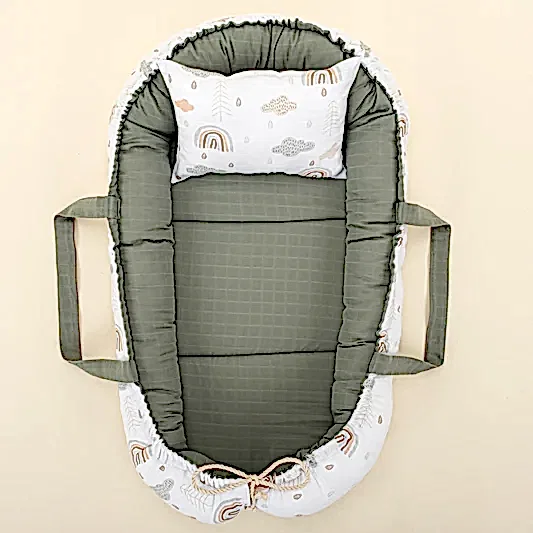 Babynest ve Yastık - Çift Taraflı - Haki Muslin - Yeşil Gökkuşağı