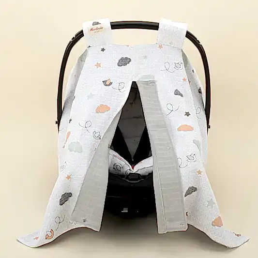 Puset Seti - Çift Taraflı - Açık Gri Muslin - Kuş