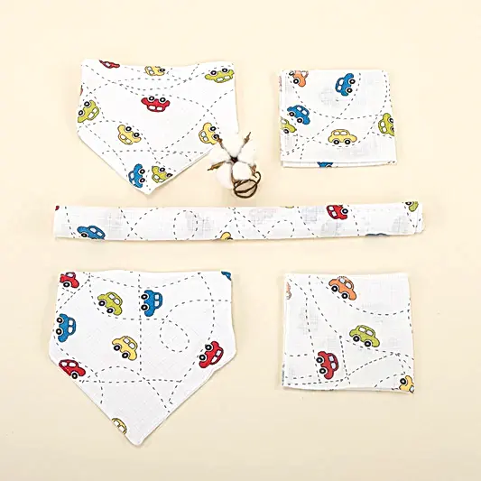 Önlük ve Mendil Seti - Tek Taraflı - Renkli Arabalar